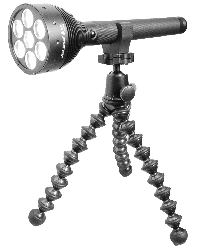 LED Lenser X21 Flashlight mounted on the Gorillapod tripod