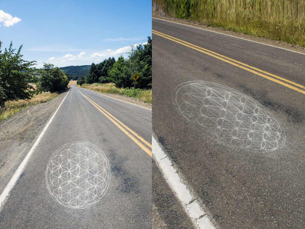Automatic keystoning is a feature the projector has where it will automatically shift the perspective of the projection so it appears correct from the projector's point of view. In this picture, the flower of life symbol was projected onto cement and I traced it with chalk. After that, I put my camera right where the projector was and took a picture. The second image shows the same thing except it was taken at a different angle, and thus looks distorted from that point of view.